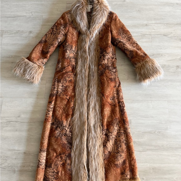 Vintage Newport News 90s Brown Paisley Penny Lane Coat Faux Fur Trim UNWORN Sz 8 - Picture 2 of 7